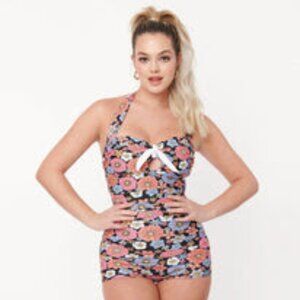 Unique Vintage Floral Print Pismo Romper Swimsuit - Large, never worn